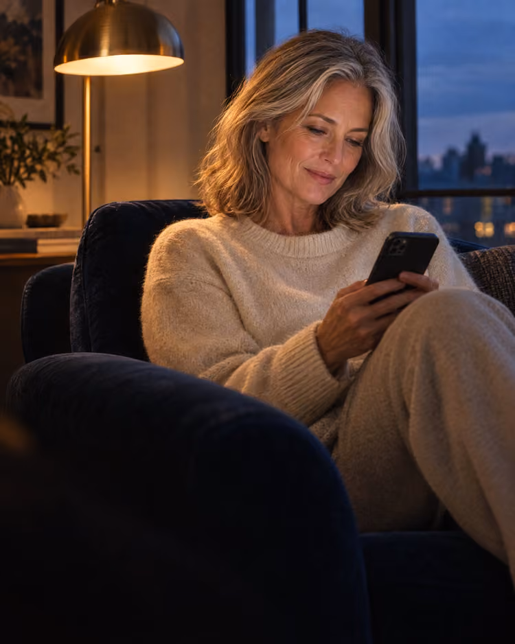 A woman around fifty curled up in an armchair in the evening, looking at her phone